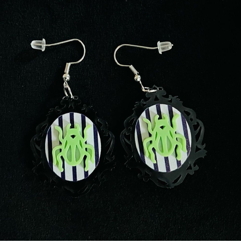 Beetle Earrings Vintage Inspired, Black, White, Green, Purple, Scroll de…